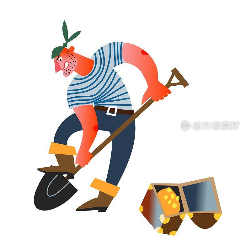 Angry pirate digging for treasure with gold. Sailor with shovel, open chest with money nearby isolated on white background. Adventure and marine piracy vector illustration